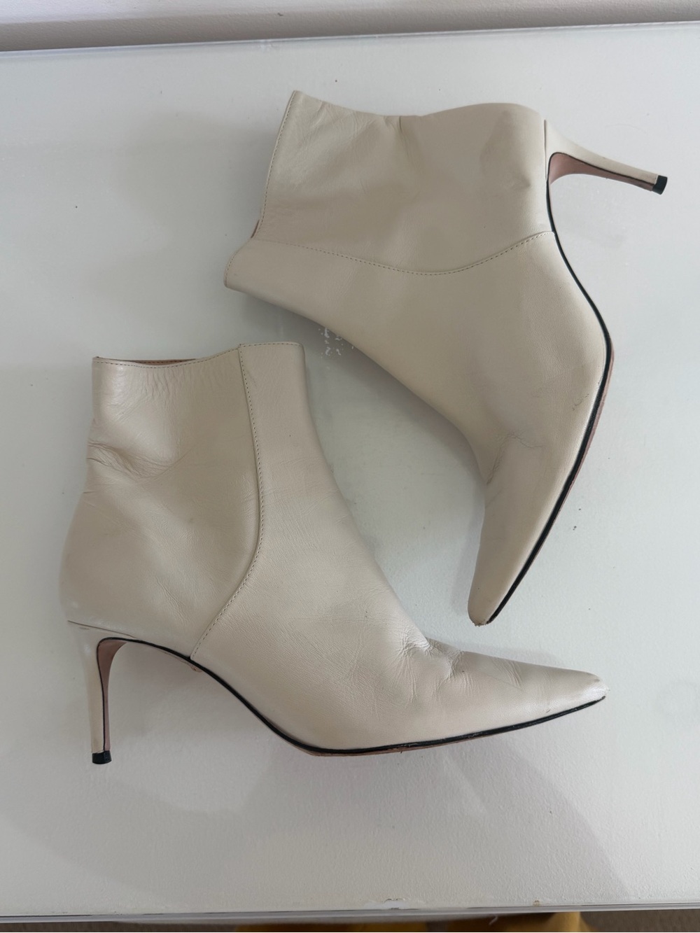 Pointed-Toe Cream Leather Ankle Booties with Stiletto Heel